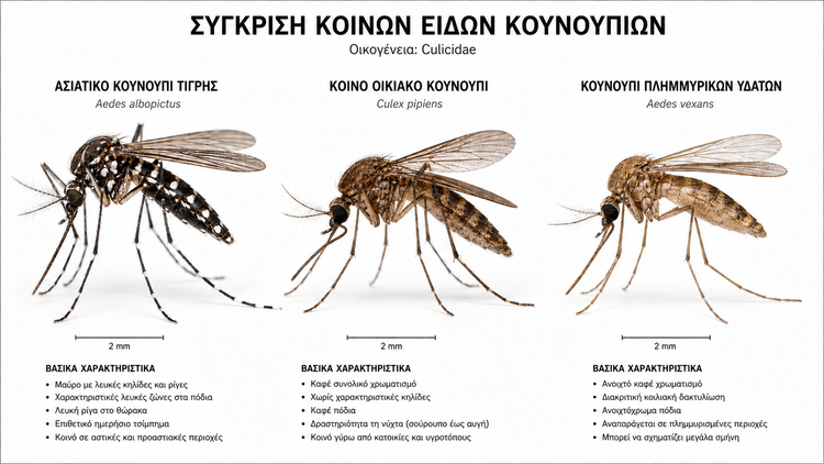 ύγκριση κοινού κουνουπιού Culex pipiens και κουνουπιού τίγρης Aedes albopictus με τις λευκές ρίγες